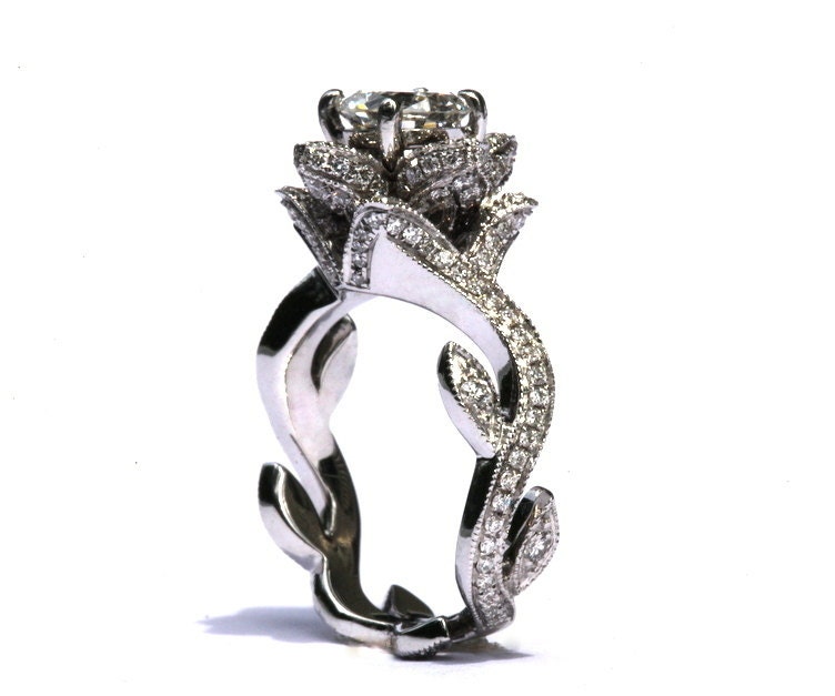 ready. to. ship. F/VS - BLOOMING Work Of Art - Milgrain Flower Rose Lotus Diamond Engagement or Right Hand  Ring - 14K - fL07