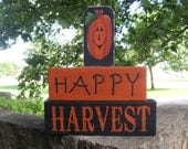 Happy Harvest HaiNdPaiNteD WooD BloCk SeT PriMiTiVe HoMe DeCoR SiGn FaLL HaLLoWeeN SeAsOnAl PuMpKiNs