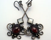 Baroque garnet and mother of pearl earrings in sterling silver with granulation, filigree and patina
