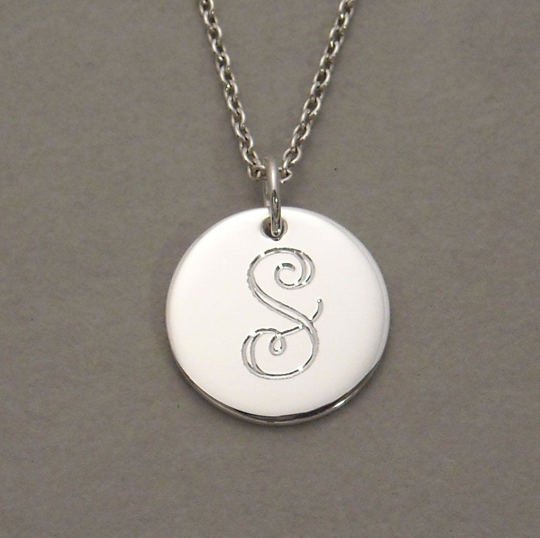 Sterling silver personalized S initial necklace monogrammed pendant on a 1/2 inch round circle disc charm UDLS