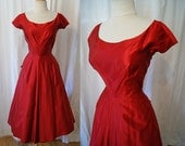 Dazzling 1950's red silk satin new look holiday party dress vlv rockabilly pin up girl - size Medium