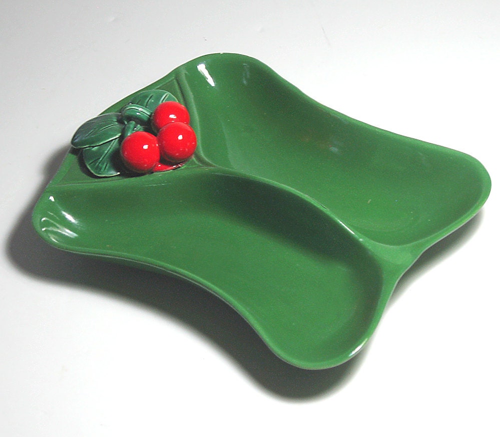 Vintage Cherry Dish Red and Green Divided Dish by flabbyrabbit