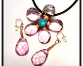 Wire Wrapped Pink Faceted Acrylic Flower with matching Petal Earrings