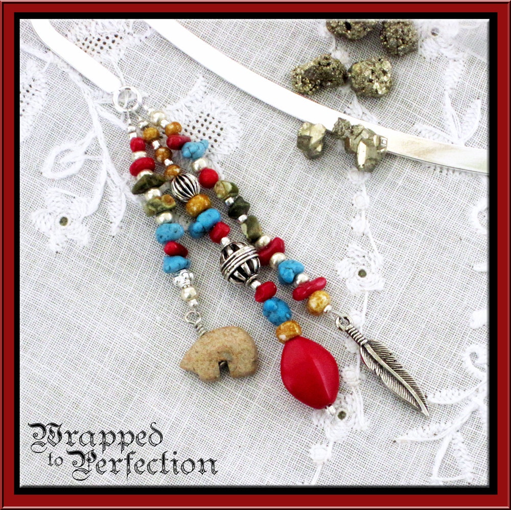 Beaded Bookmark Southwest / Turquoise Red / Zuni Bear Fetish / Silver / Handmade Card / Teacher Gift
