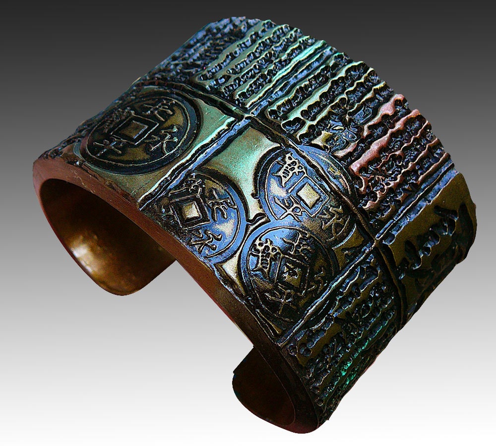 Antique Asian polymer clay cuff bracelet in old gold and touches of patina
