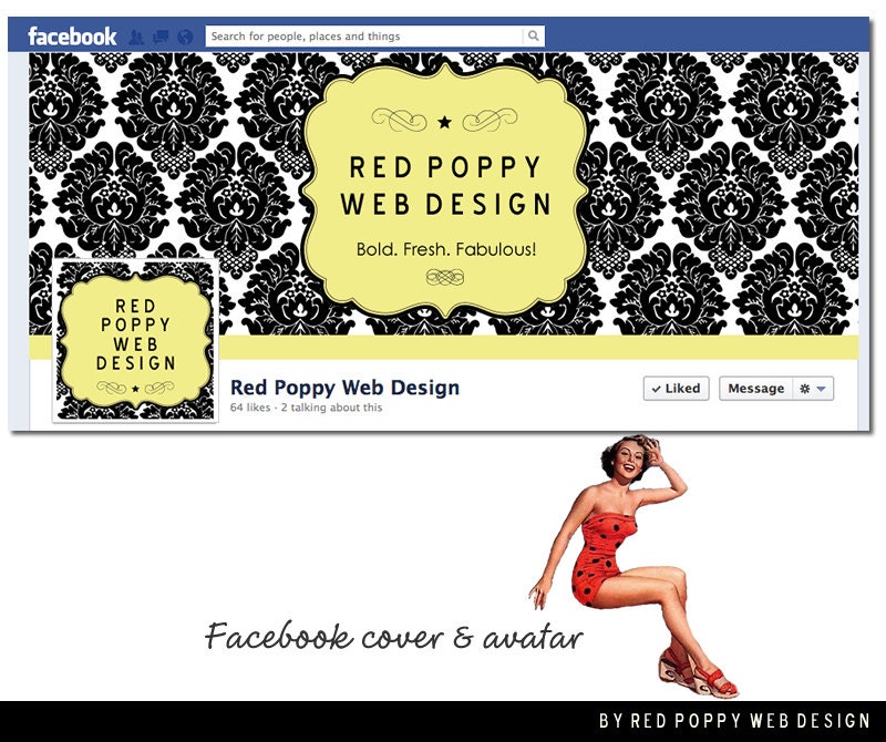 Facebook Cover Timeline Photo Design with Avatar, Premade Facebook graphics, Black White Damask Citron Yellow Vintage