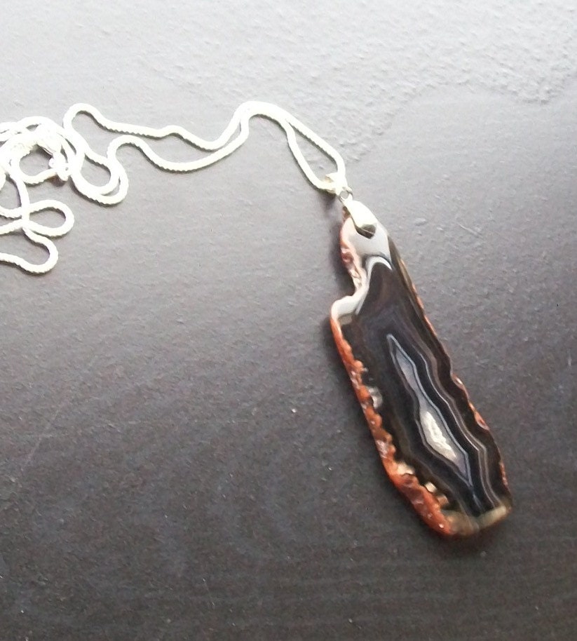 Black Banded Agate with Druzy Necklace on Silver-Striped Black with White, Burnt Orange, Quartz Druzy