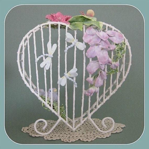 Cottage Chic Decor Birdcage Birdcage with Bird Bird Cage Birdcage Decor Heart Wall Hanging White Birdcage Floral Bird House Clay Handmade