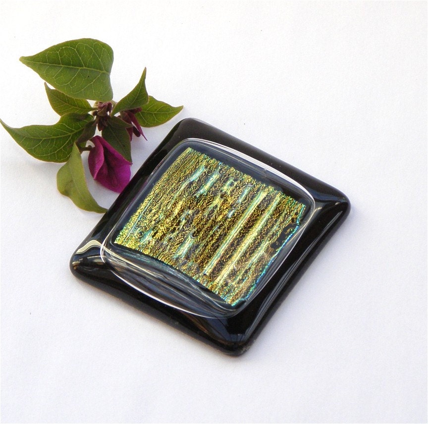 Dichroic Fused Glass Magnet, Refridgerator Magnet, Gold Dichroic Glass on Black