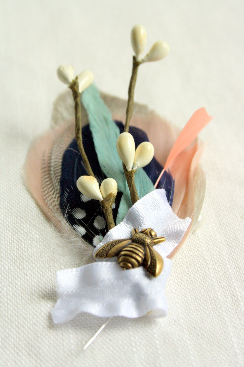 PEMBERTON Boutonniere / Corsage in Greige, Navy, Aqua and Persimmon with Ivory Berries, White Ruffle Wrap and Antique Brass Bee