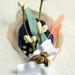 PEMBERTON Boutonniere / Corsage in Greige, Navy, Aqua and Persimmon with Ivory Berries, White Ruffle Wrap and Antique Brass Bee