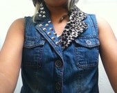 Studded Denim Vest Leopard Collar