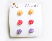 Flower Post Earrings, Gift set of Three Pairs, Pastel Peach, Lilac and Hot Pink Roses - AlinaandT