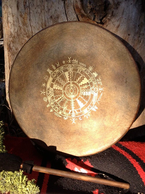 Native American style frame drum with custom totem and symbology artwork - "Medicine Wheel"
