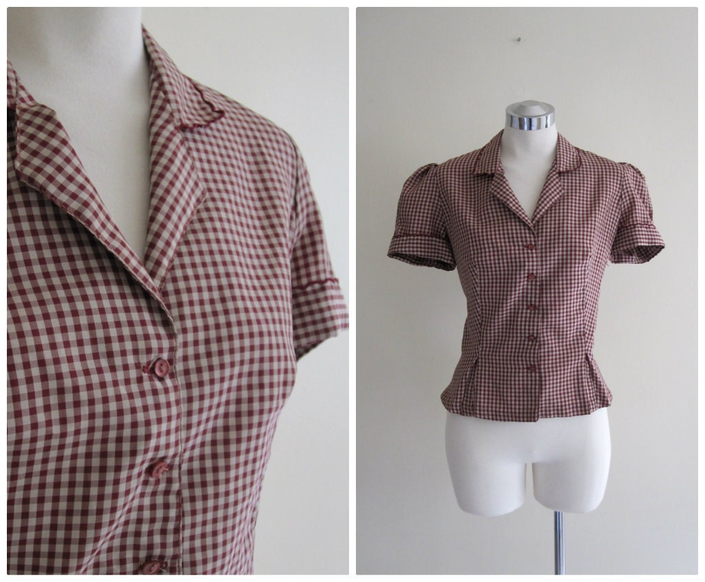 SALE Vintage 1960's Gingham Blouse // Nylon Red White // m