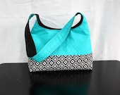 The Harriet Bag by Nstarstudio - Small Shouder Purse in Aqua, Black and White Retro Print and BlackCotton