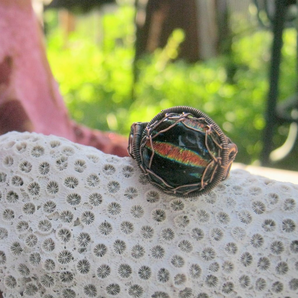 dichroic glass ring in copper wire