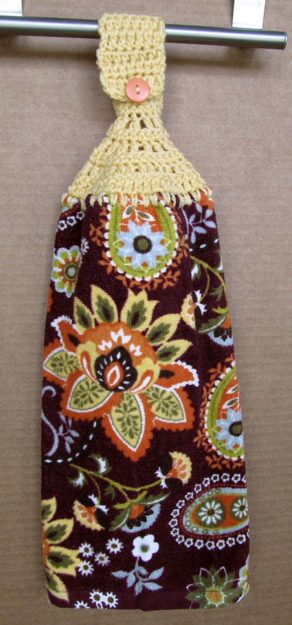Gold and orange flower Hanging Kitchen Towel with crocheted top - sewspecialbylois