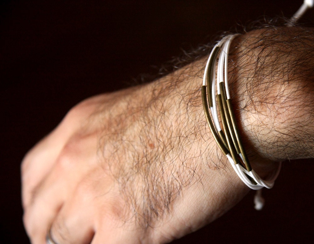 for him - adjustable bracelet metal and white waxed cotton - men and unisex bracelet - nanofactory
