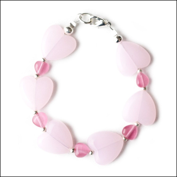 Pink Hearts Princess Pretty Child Flower Girl Glass Beads Wire & Clasp Bracelet Wedding Birthday Jewelry