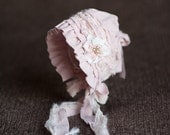 SAVANNAH. Pink. Hand Dyed Fabric Bonnet. Ivory. Shabby Chic. Newborn. Baby Girl. Photo Prop. Vintage Style.