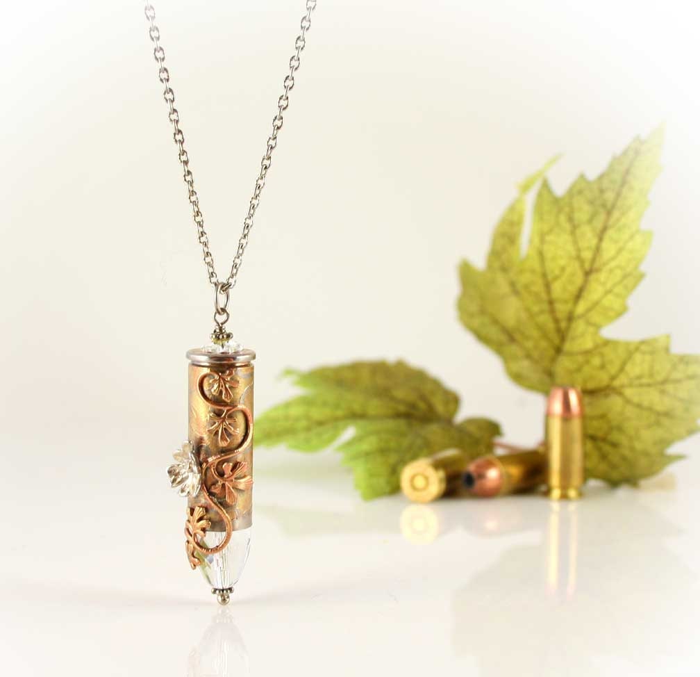 Bullet Necklace, Floral Etched 45 Colt, Sterling Silver Accents, Feminine, Edgy, OOAK