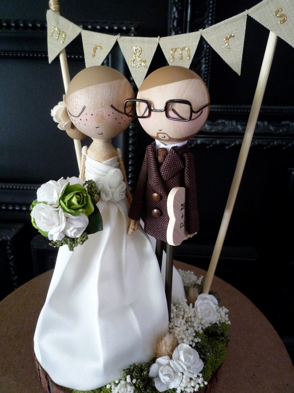 Wedding Cake Topper with Custom Wedding Dress and Flag Bunting Background - Custom Keepsake by MilkTea