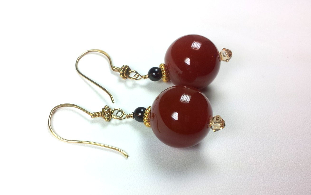 Carnelian and Gold Vermeil Earrings, Wire wrapped,  Autumn,