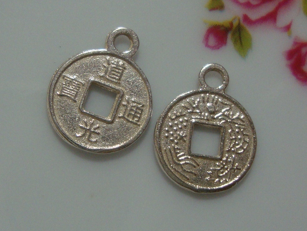 6 pcs - Sterling Silver Chinese Ancient Coin Charm - Bright Silver