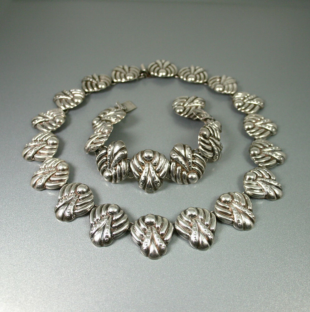 Vintage Los Ballesteros Sterling Mexico Art Deco Design Necklace Bracelet Set