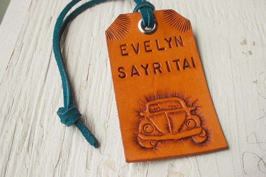 Custom VW Bug leather luggage tag - add name - personalized travel tags or key ring