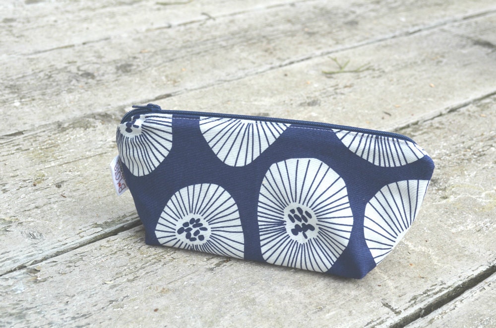 Pencil Zipper Case - Make up Pouch - White Poppies on Navy Blue