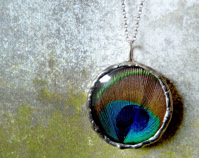 Peacock. Real Feather Pendant Necklace. Hand Made Boho Jewelry. Sterling Silver Chain.