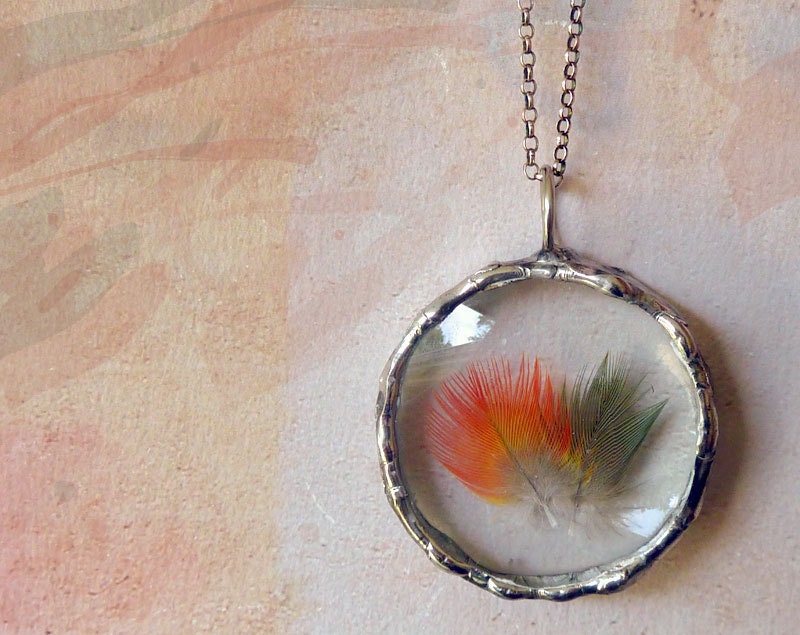Feather Necklace. Sterling Silver Chain. Genuine Orange Red Olive Green Macaw Feather Jewelry.