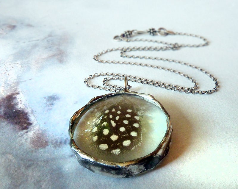 Spirit. Feather Necklace Sterling Silver Chain. Black and White Round Medium Glass. Boho Feather Jewelry