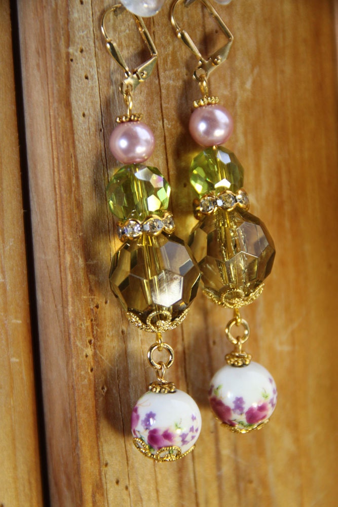 2" 3/4 L Floral porcelain, Olive green acrylic, pink glass pearl, dangle, drop earrings