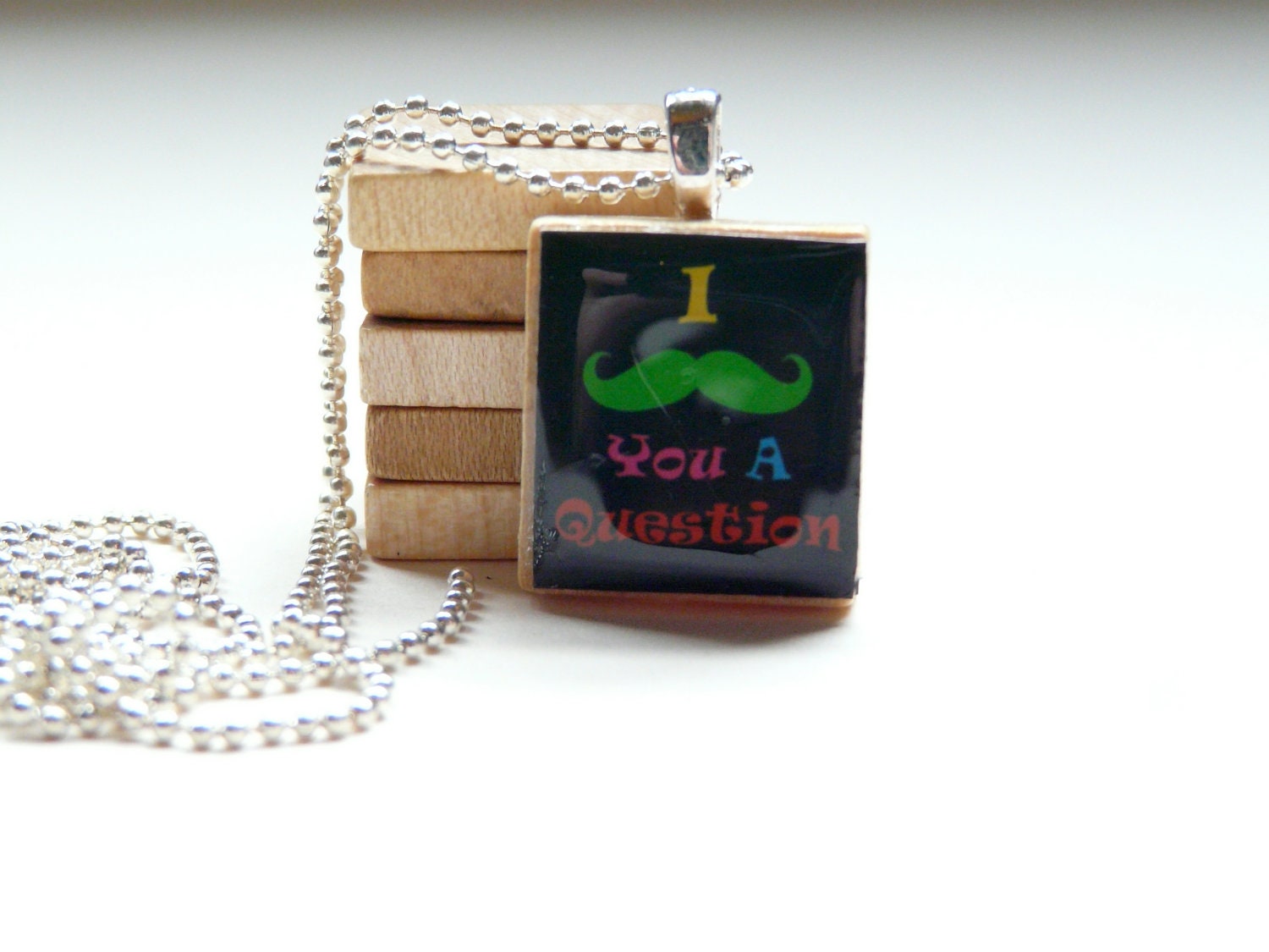 I Mustache You A Question Scrabble Tile Pendant With Silver Ball Chain Necklace (S8)