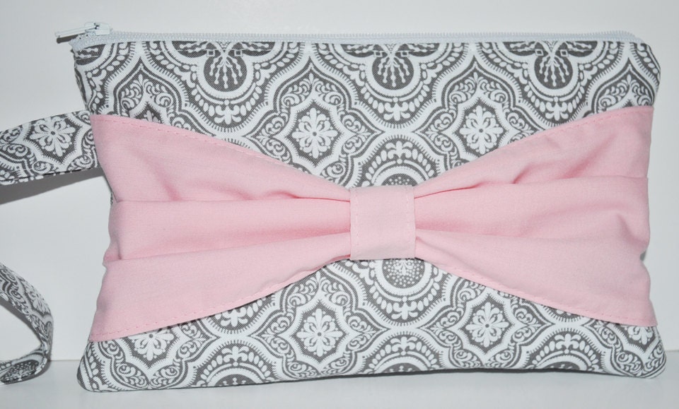 Bridal Clutch Bow Clutch in Pink and Grey Bridesmaids Gift Bridal Gift