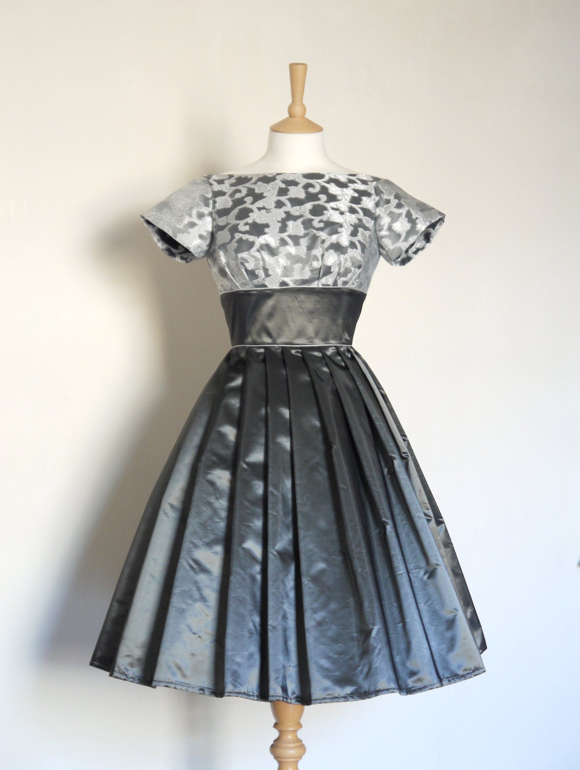 Size 8 - Silver Voile and Slate Grey Taffeta Cap Sleeve Party Dress- Made by Dig For Victory