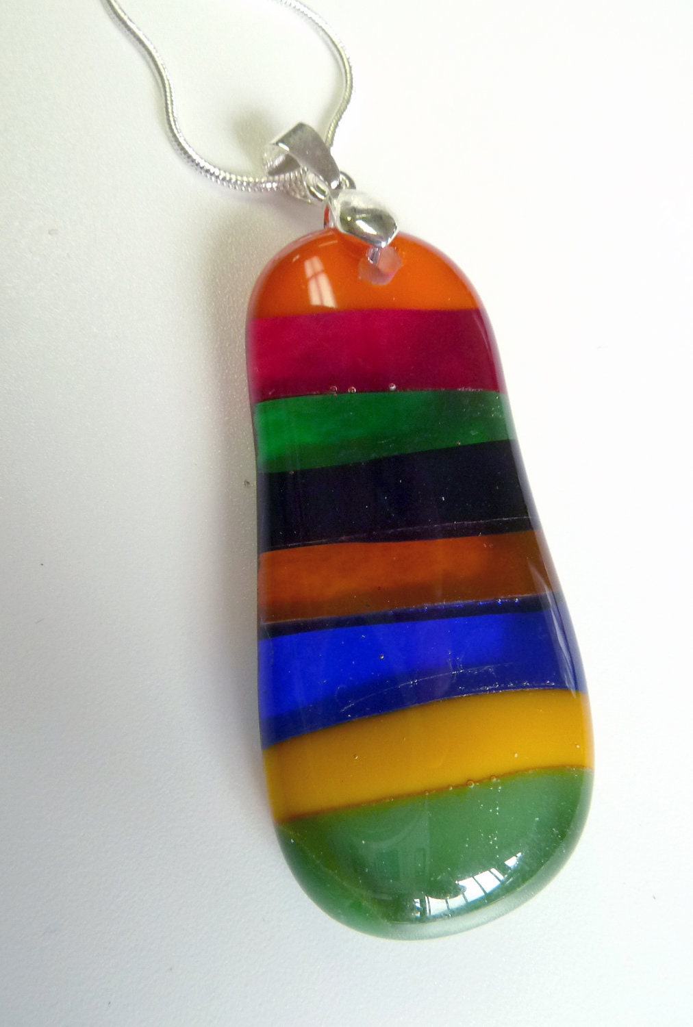 Candy Stripes  Fused Pendant. Silver Snake Chain