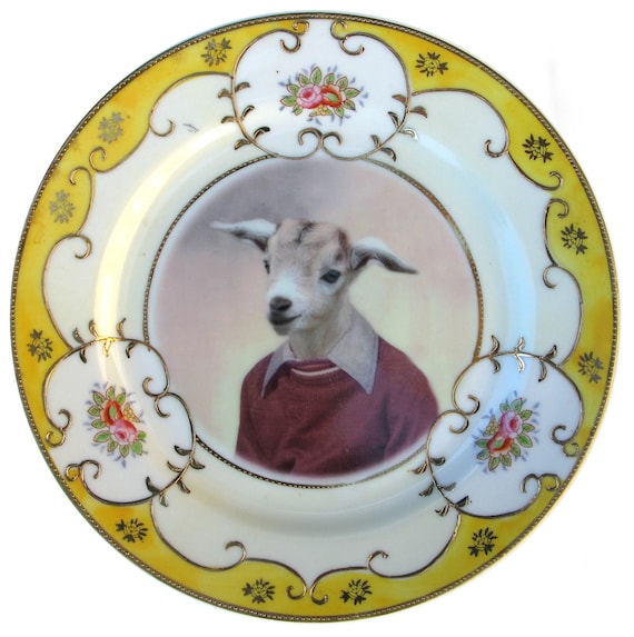 Billy Goat Portrait Plate - Altered Vintage Plate