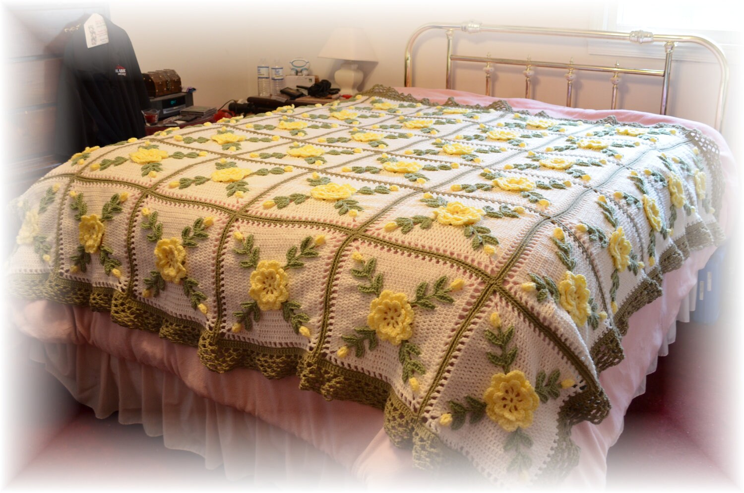 Yellow Roses Crocheted Afghan Blanket Throw - Made fresh after sale - 36 squares