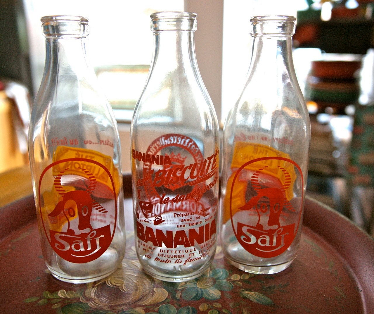 French 1950s glass milk bottles