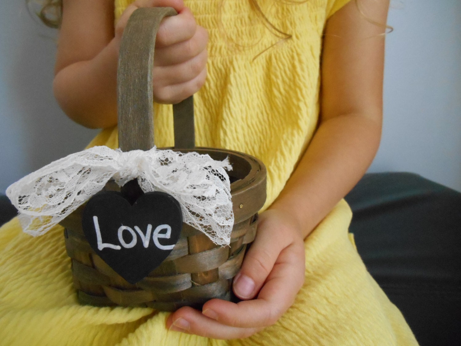 Small Rustic Flower Girl Basket with Mini Wood or Chalkboard Tag You Personalize shown with lace bow - astylishdesign