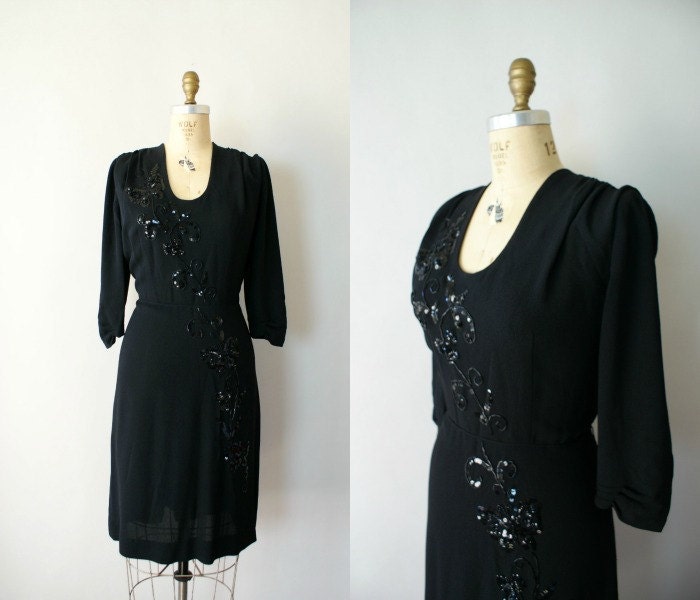 GOWN SALE -- Vintage 1940s Black Crepe Embellished Cocktail Dress - Butterfly Sequin Embellished Dress Large
