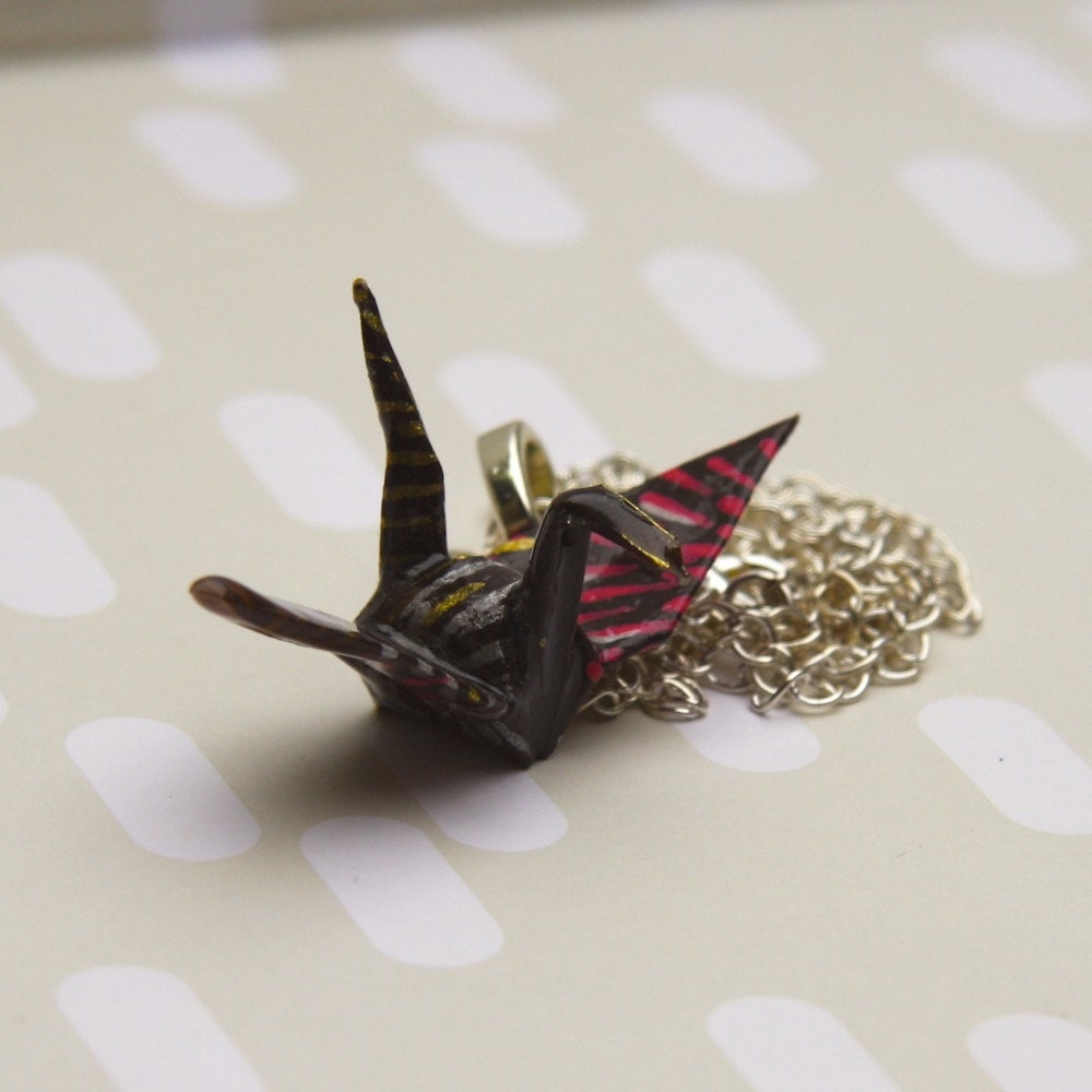 Origami Crane Necklace Large - Brown with Silver Pink and Gold Fireworks