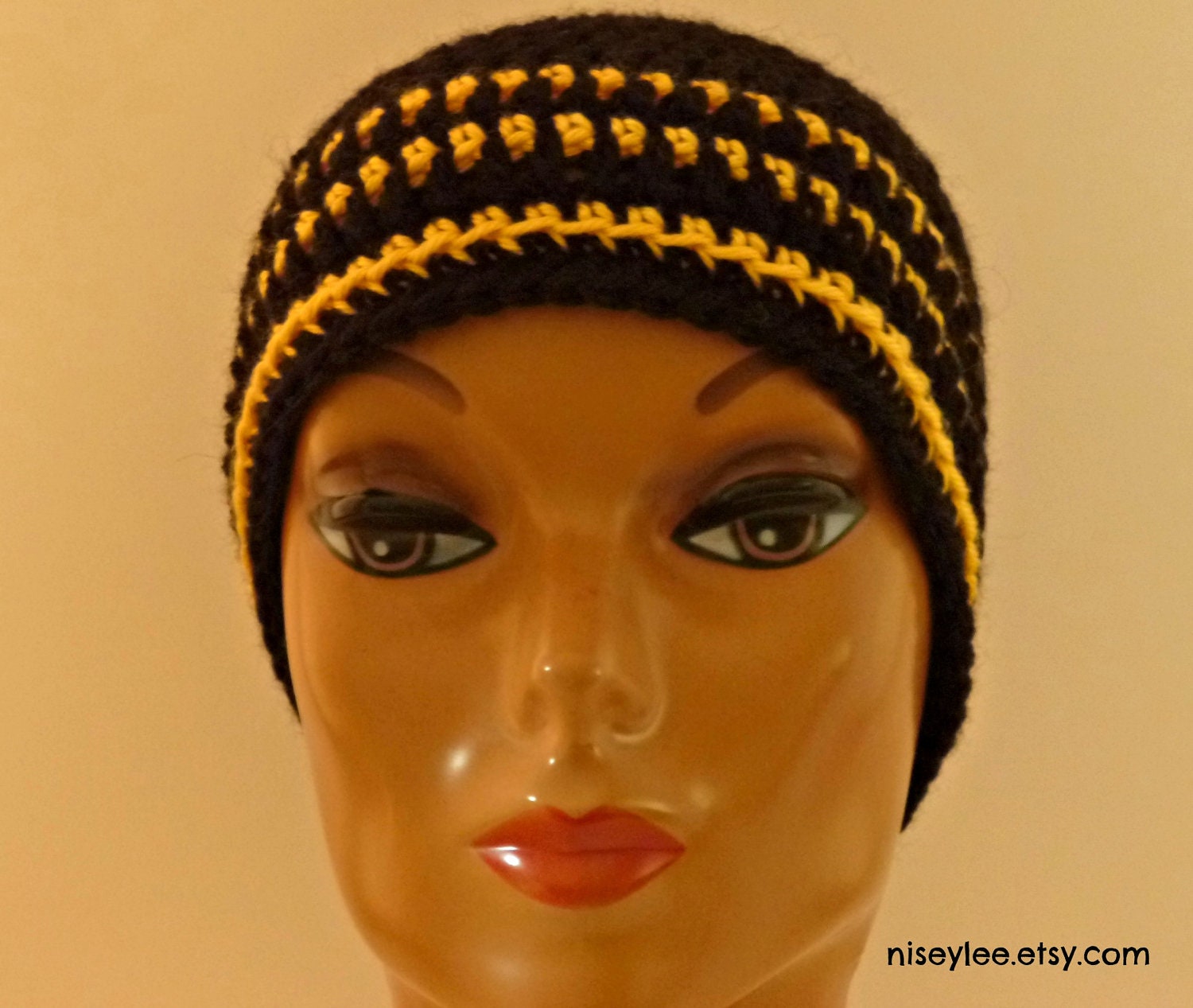 Fathers Day -Black Mens Beanie With Yellow/Gold Stripes