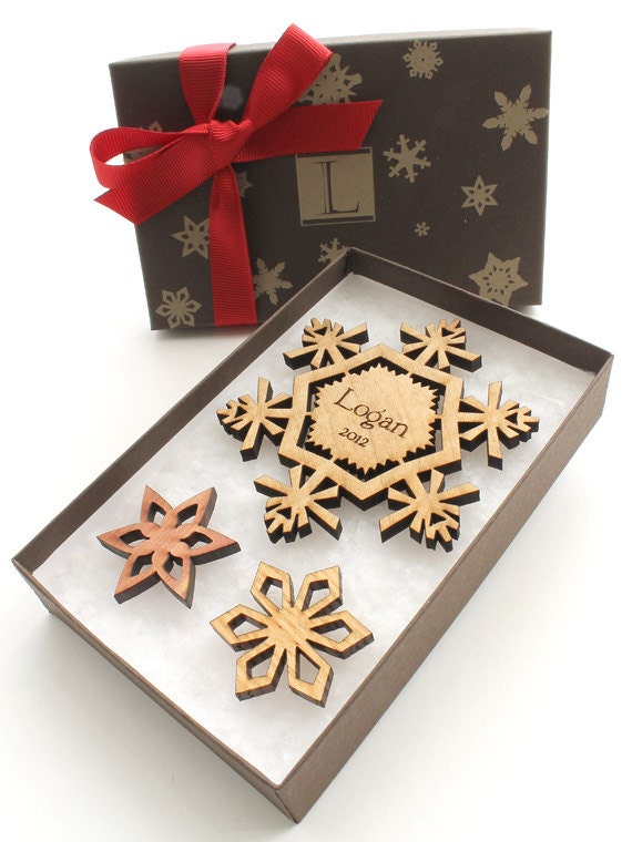 Personalized Christmas Snowflake Ornament Gift Box - Custom Monogram Lid . Sustainable Wood Products - Timber Green Woods