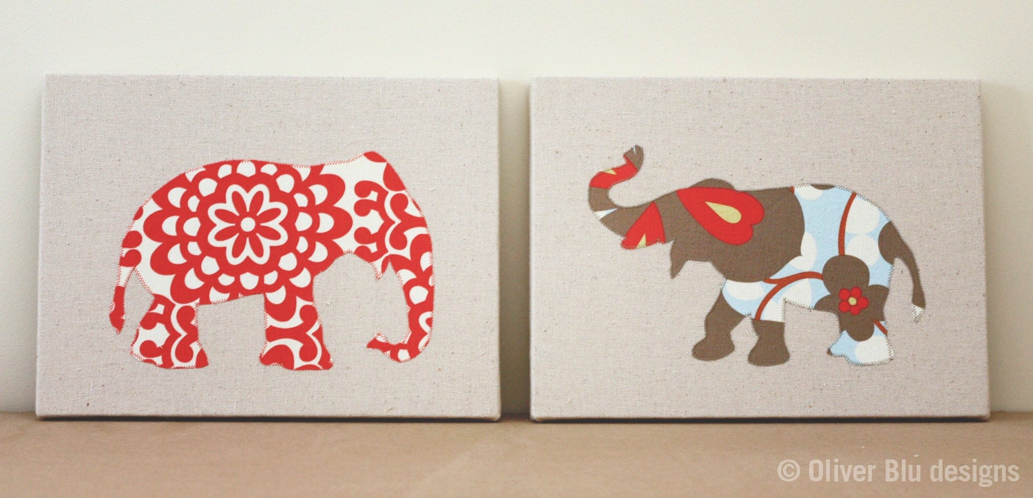 Set of two elephant silhouette appliqued wall panels - 9 x 12 inches in red, blue and linen Amy Butler prints