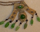 Indian jade glass beaded fabulous OOAK vintage hammered brass pendant necklace with eye bead
